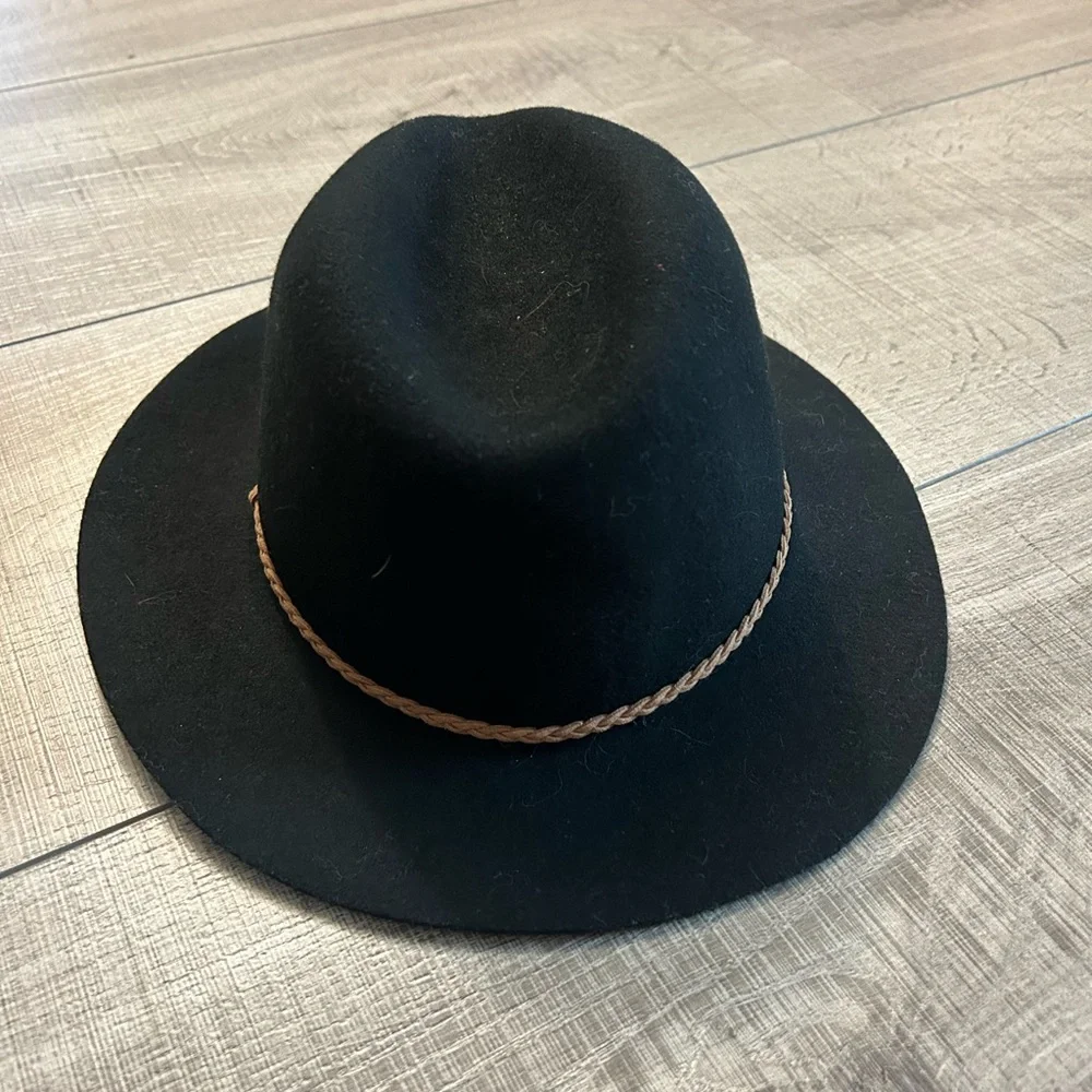 Chico's Black Wool Felt Fedora Hat with Braided Trim – Wide Brim Rancher One Sze